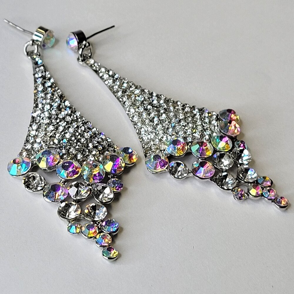 Iridescent Long Crystal Earrings with Aurora Borealis Rhinestone Silver Earrings